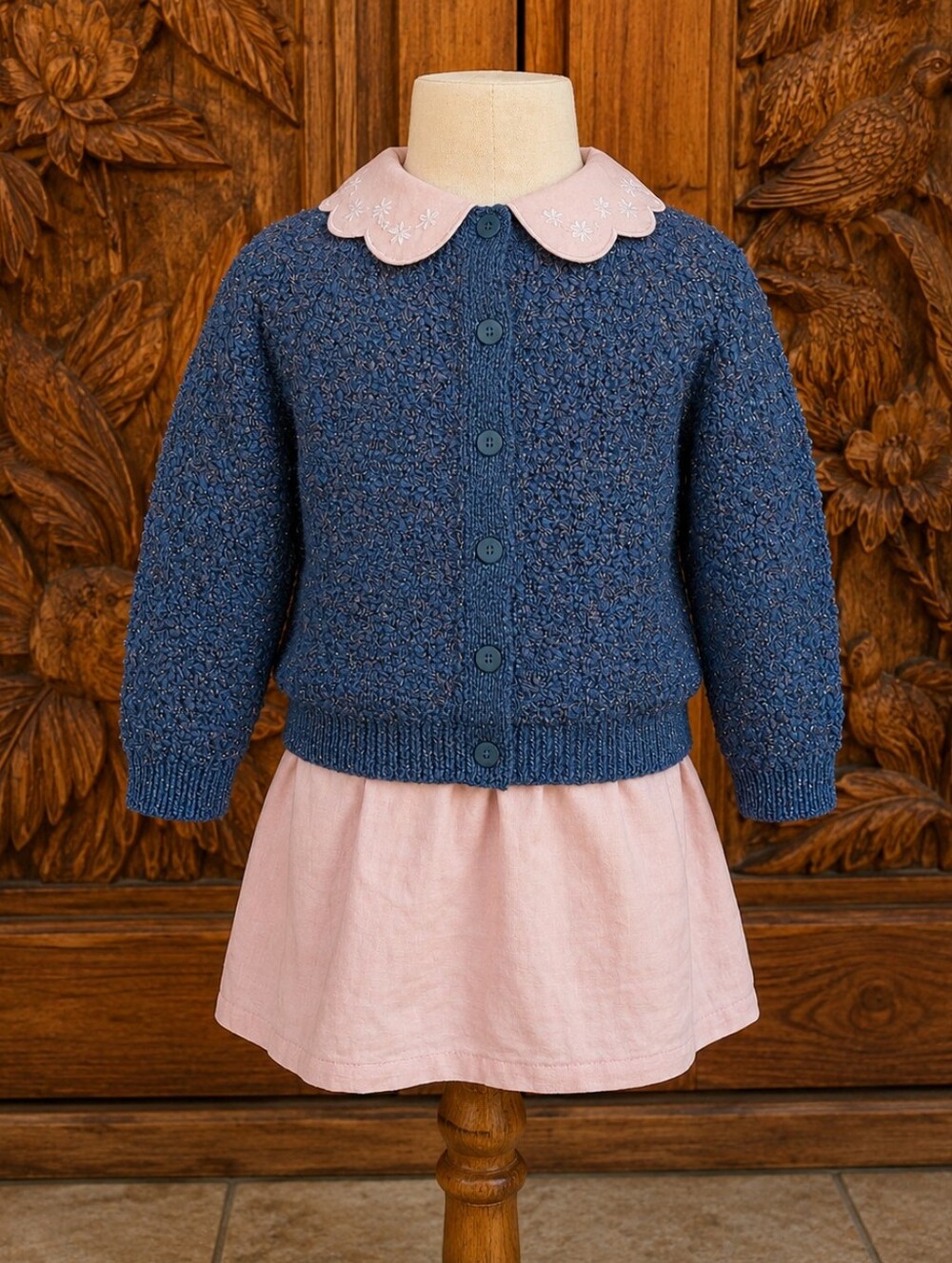 COS Kids Ocean Sparkle Blue Bronze Knit Cardigan - Crew Neck Button Sweater 1-2Y